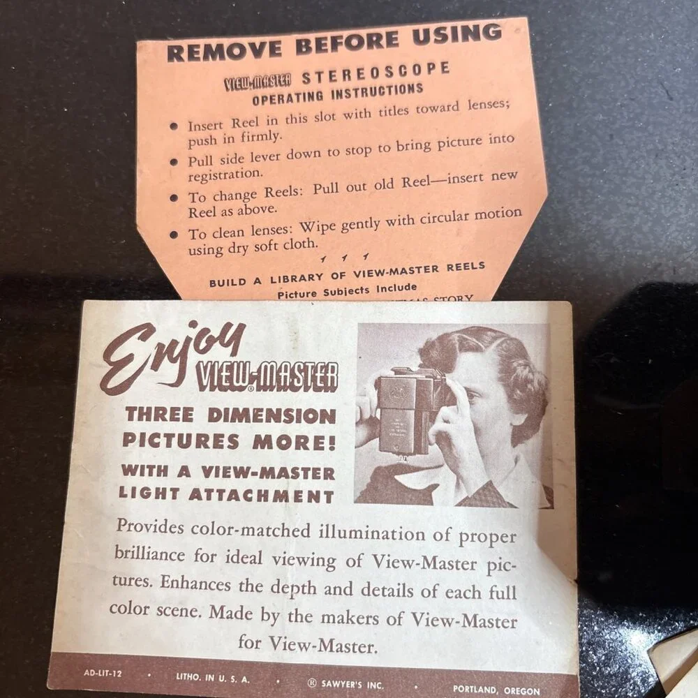 View Master Stereoscope Lot w Storage Box 4 Reels 1950s Vintage Bakelite Sawyers